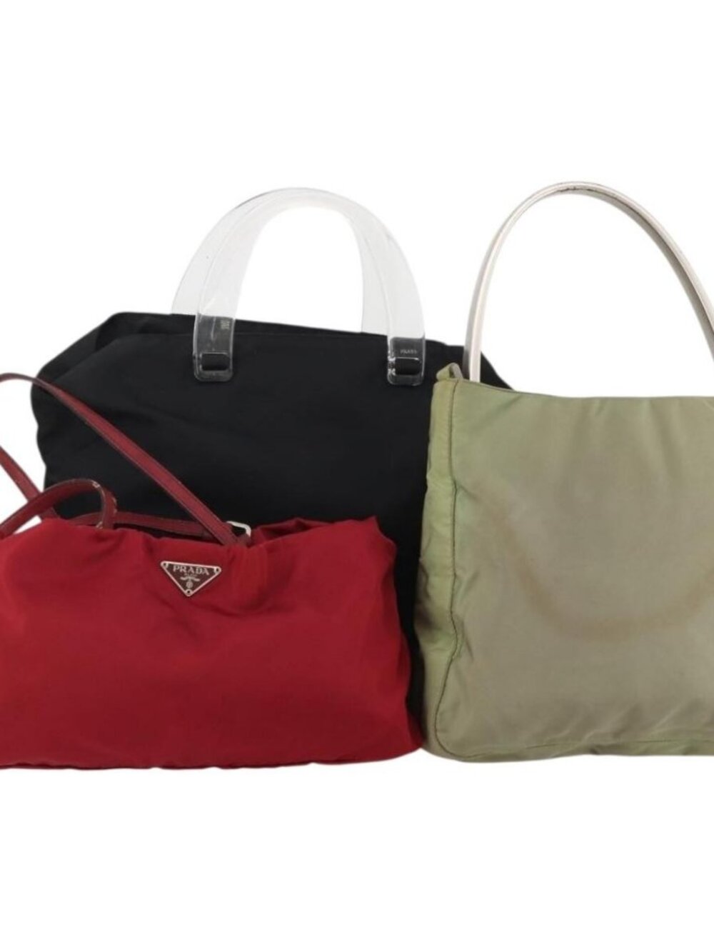 PRADA Hand Bag Nylon 3 Set Red Black Khaki Auth 185271